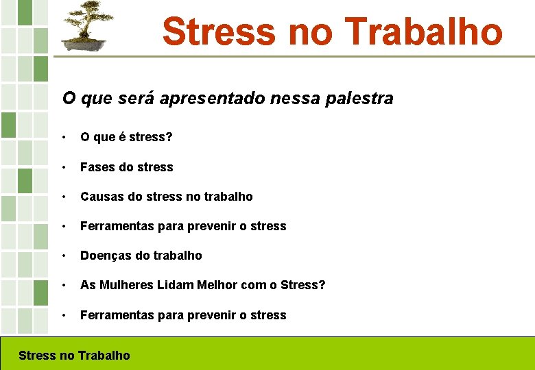 Stress no Trabalho O que será apresentado nessa palestra • O que é stress?