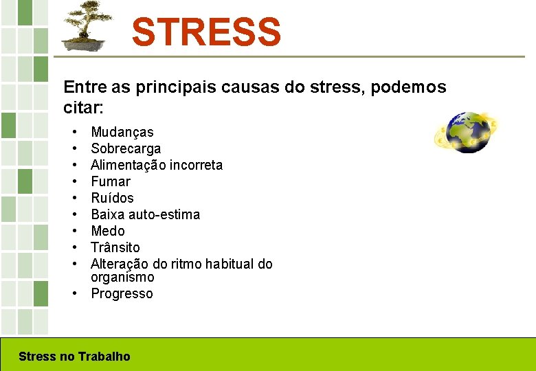 STRESS Entre as principais causas do stress, podemos citar: • • • Mudanças Sobrecarga