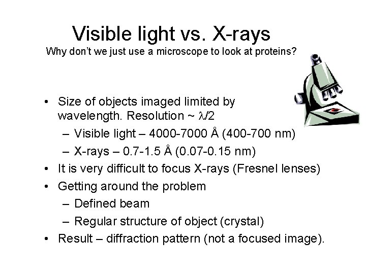 Visible light vs. X-rays Why don’t we just use a microscope to look at