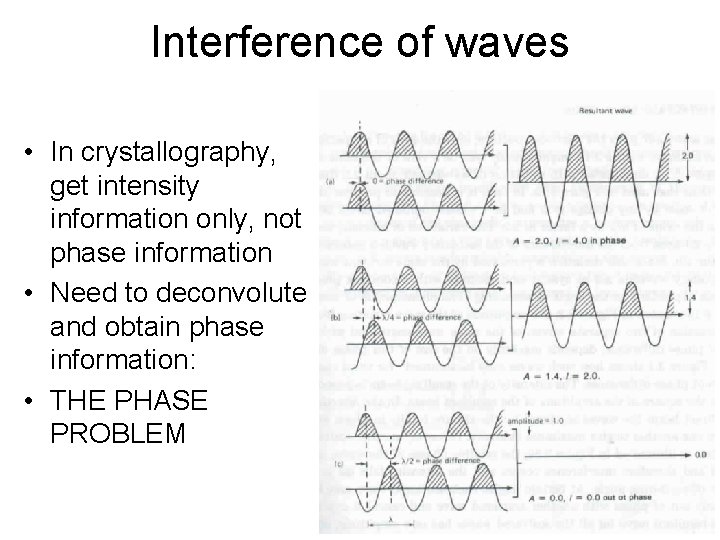 Interference of waves • In crystallography, get intensity information only, not phase information •