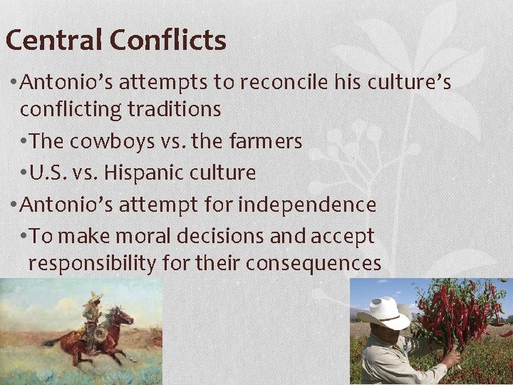 Central Conflicts • Antonio’s attempts to reconcile his culture’s conflicting traditions • The cowboys