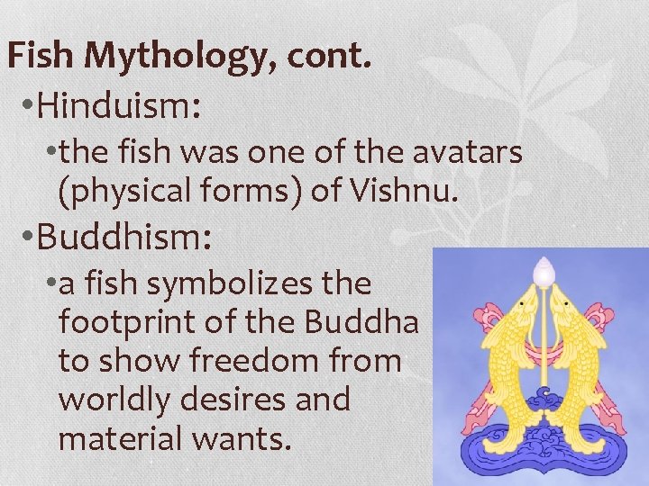 Fish Mythology, cont. • Hinduism: • the fish was one of the avatars (physical