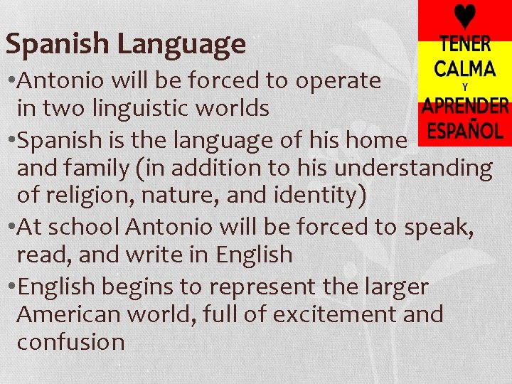 Spanish Language • Antonio will be forced to operate in two linguistic worlds •