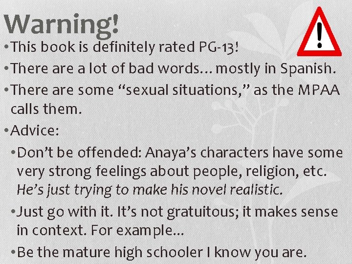 Warning! • This book is definitely rated PG-13! • There a lot of bad