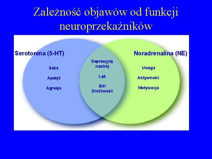 Zależność objawów od funkcji neuroprzekaźników Serotonina (5 -HT) Noradrenalina (NE) Seks Depresyjny nastrój Uwaga