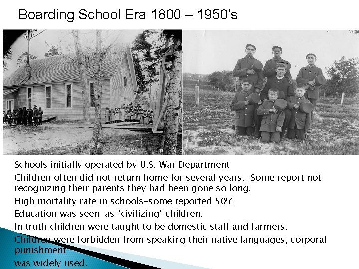 Boarding School Era 1800 – 1950’s Schools initially operated by U. S. War Department