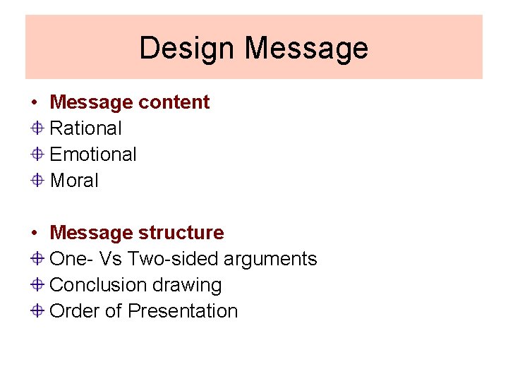 Design Message • Message content Rational Emotional Moral • Message structure One- Vs Two-sided