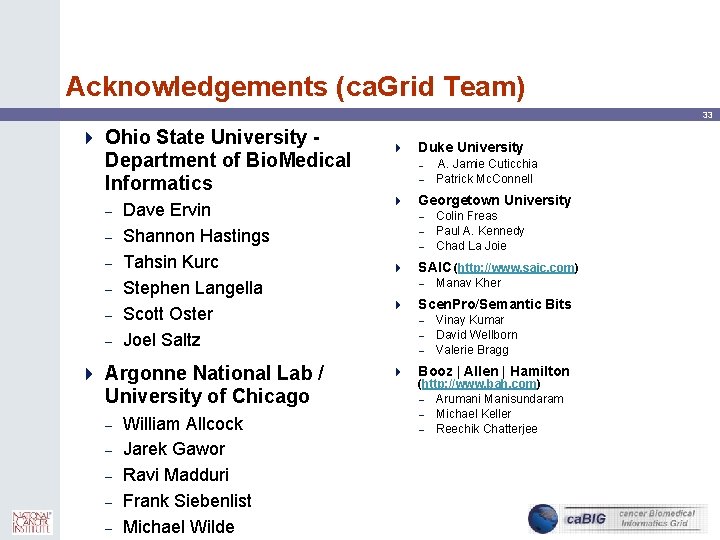 Acknowledgements (ca. Grid Team) 33 4 Ohio State University Department of Bio. Medical Informatics