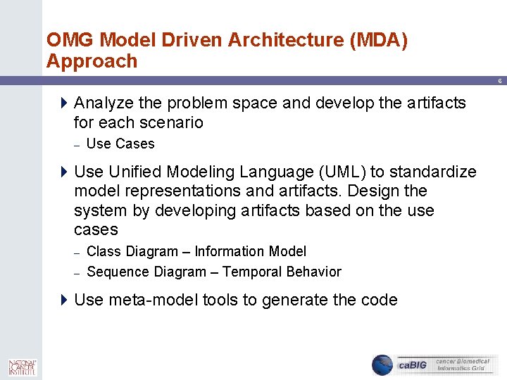 OMG Model Driven Architecture (MDA) Approach 6 4 Analyze the problem space and develop