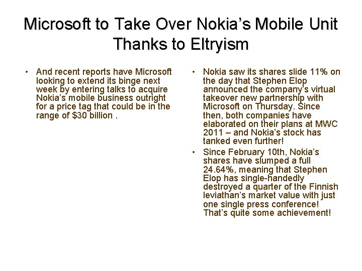 Microsoft to Take Over Nokia’s Mobile Unit Thanks to Eltryism • And recent reports