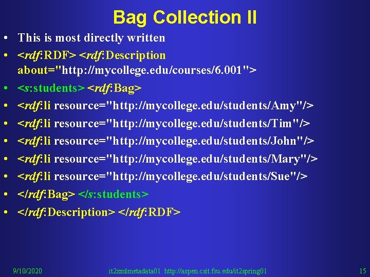Bag Collection II • This is most directly written • <rdf: RDF> <rdf: Description