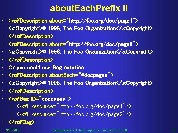 about. Each. Prefix II <rdf: Description about="http: //foo. org/doc/page 1"> <s: Copyright>© 1998, The