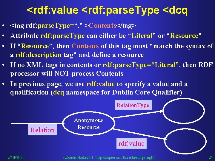 <rdf: value <rdf: parse. Type <dcq • <tag rdf: parse. Type=“. ” >Contents</tag> •