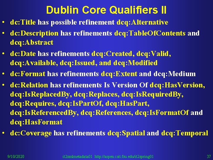 Dublin Core Qualifiers II • dc: Title has possible refinement dcq: Alternative • dc: