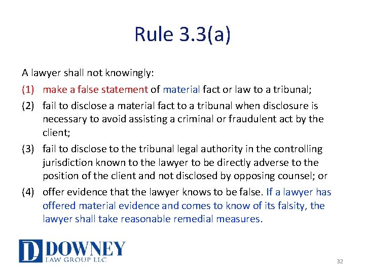 Rule 3. 3(a) A lawyer shall not knowingly: (1) make a false statement of