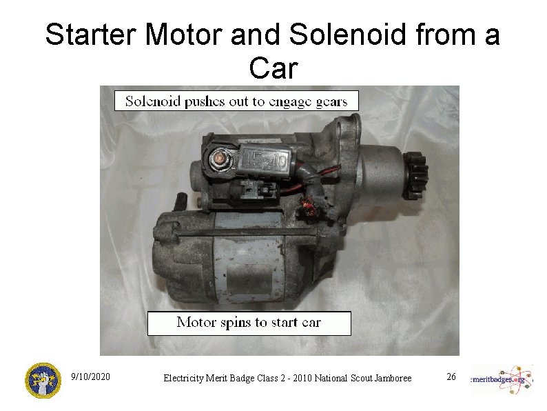 Starter Motor and Solenoid from a Car 9/10/2020 Electricity Merit Badge Class 2 -