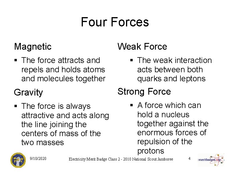 Four Forces Magnetic Weak Force § The force attracts and repels and holds atoms