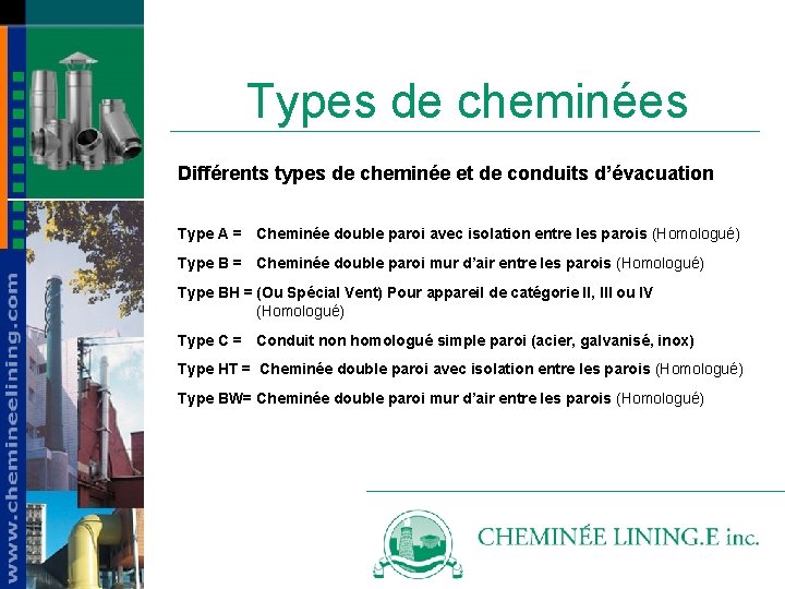 Types de cheminées Différents types de cheminée et de conduits d’évacuation Type A =