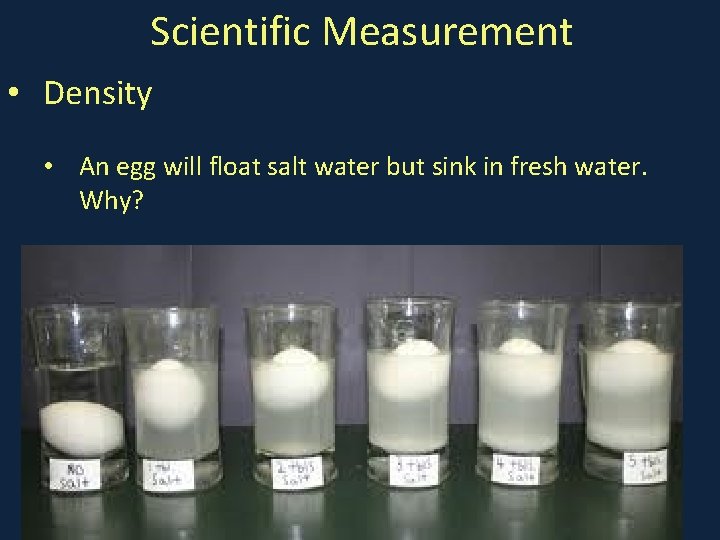 Scientific Measurement • Density • An egg will float salt water but sink in
