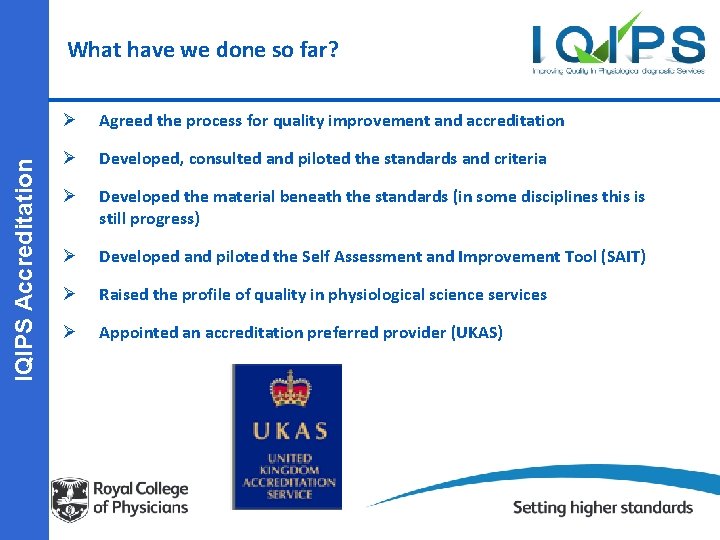 IQIPS Accreditation What have we done so far? Ø Agreed the process for quality