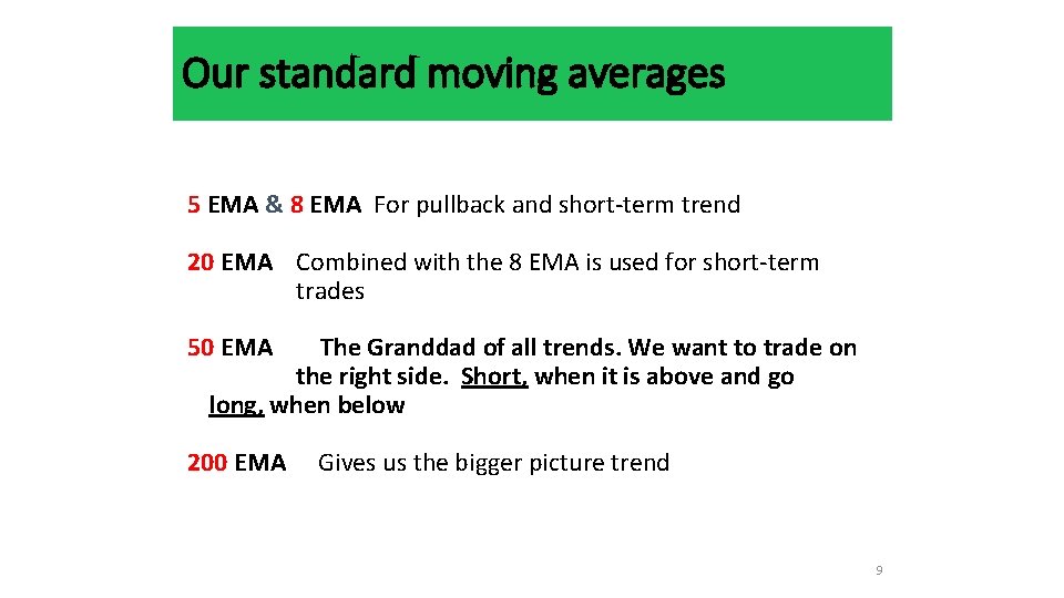 Our standard moving averages 5 EMA & 8 EMA For pullback and short-term trend
