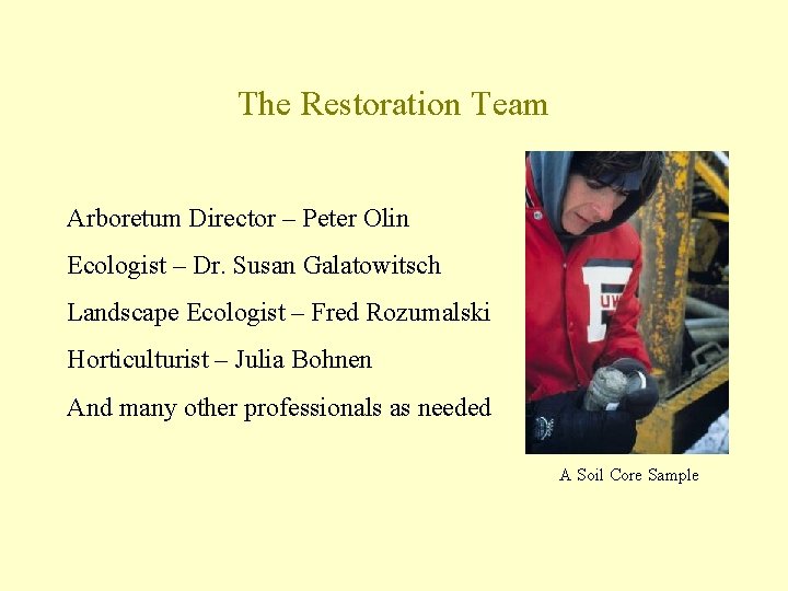 The Restoration Team Arboretum Director – Peter Olin Ecologist – Dr. Susan Galatowitsch Landscape