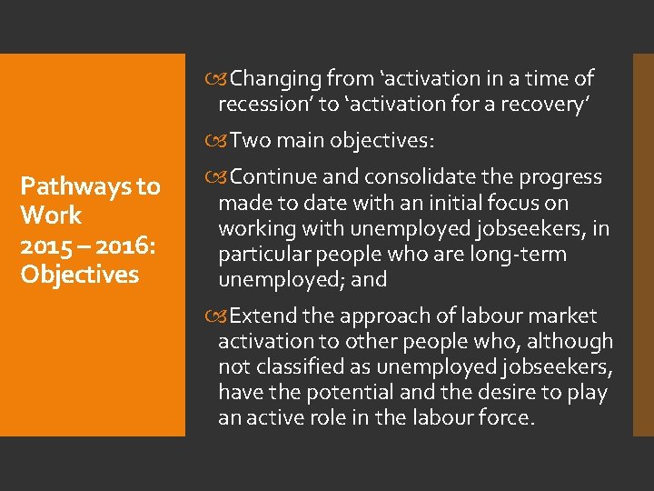  Changing from ‘activation in a time of recession’ to ‘activation for a recovery’