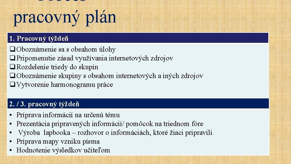 Procespracovný plán 1. Pracovný týždeň q. Oboznámenie sa s obsahom úlohy q. Pripomenutie zásad