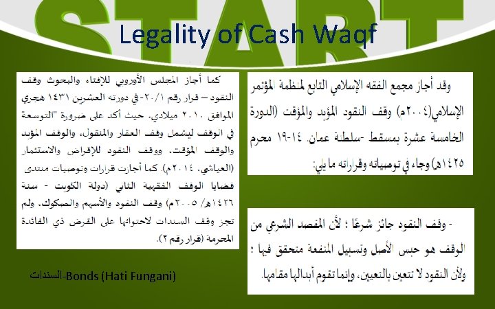 Legality of Cash Waqf ﺍﻟﺴﻨﺪﺍﺕ -Bonds (Hati Fungani) 