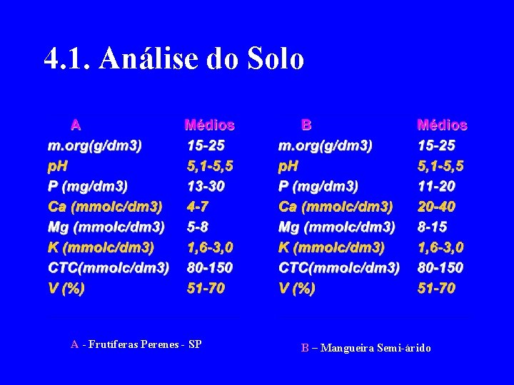 4. 1. Análise do Solo A - Frutíferas Perenes - SP B – Mangueira