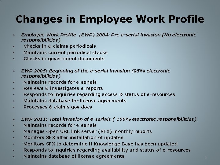 Changes in Employee Work Profile • • Employee Work Profile (EWP) 2004: Pre e-serial