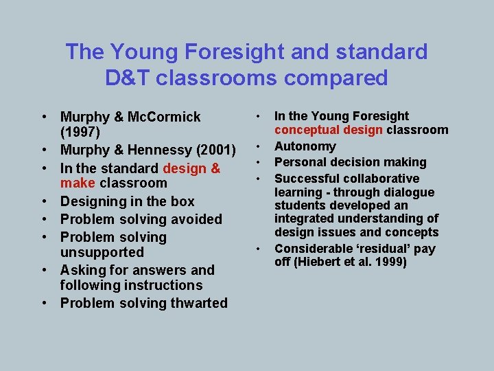 The Young Foresight and standard D&T classrooms compared • Murphy & Mc. Cormick (1997)