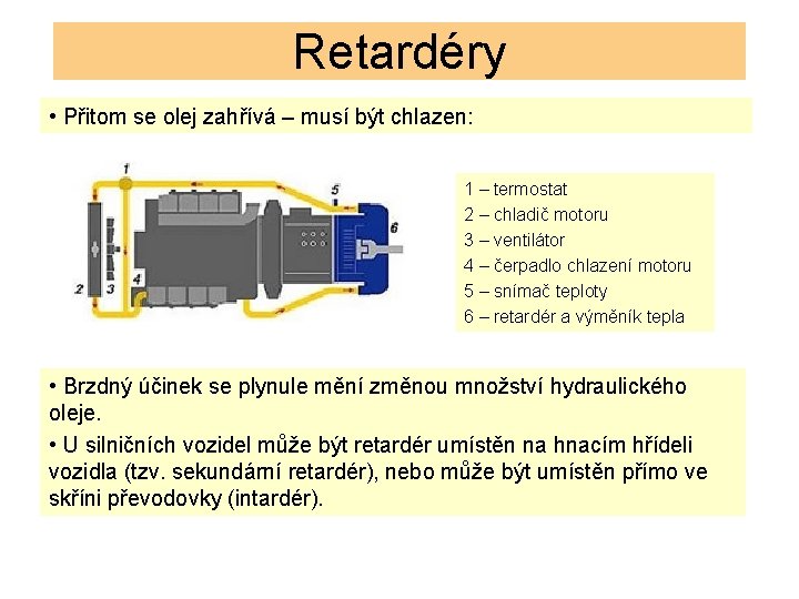 Retardéry • Přitom se olej zahřívá – musí být chlazen: 1 – termostat 2