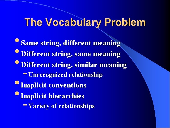 The Vocabulary Problem • Same string, different meaning • Different string, same meaning •