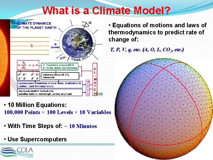 What is a Climate Model? • Equations of motions and laws of thermodynamics to