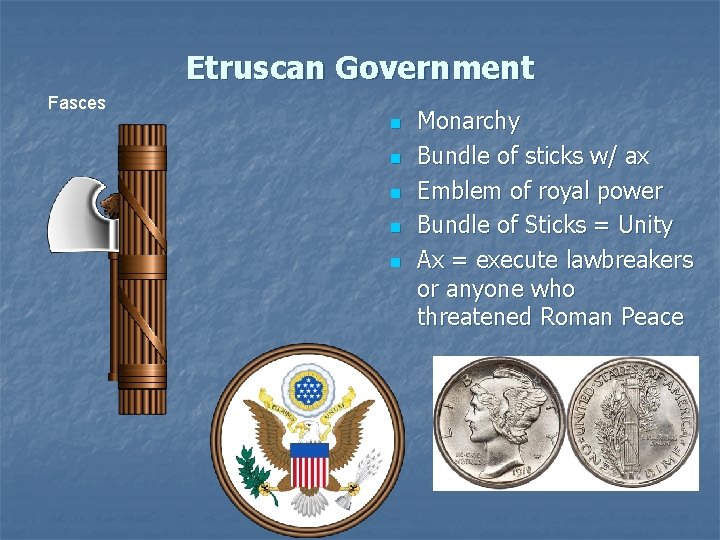 Etruscan Government Fasces n n n Monarchy Bundle of sticks w/ ax Emblem of