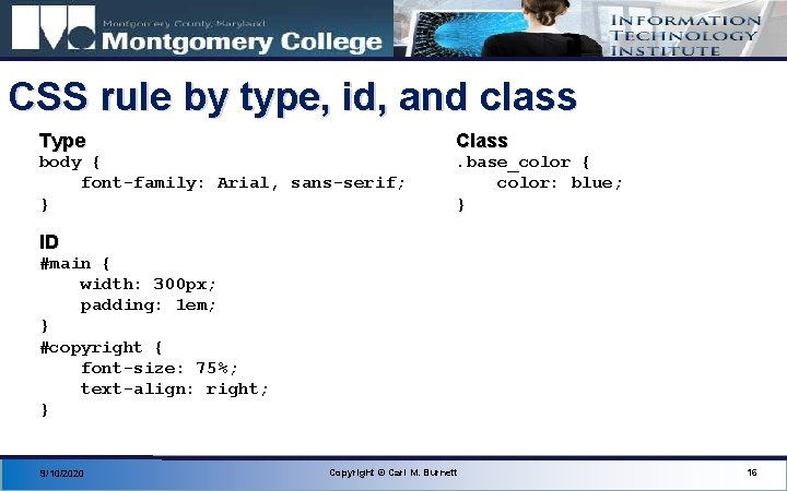 CSS rule by type, id, and class Type Class body { font-family: Arial, sans-serif;