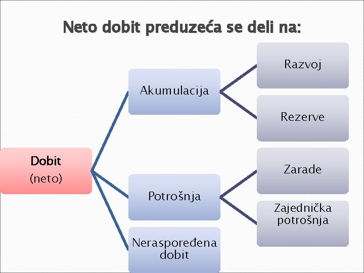 Neto dobit preduzeća se deli na: Razvoj Akumulacija Rezerve Dobit (neto) Zarade Potrošnja Neraspoređena