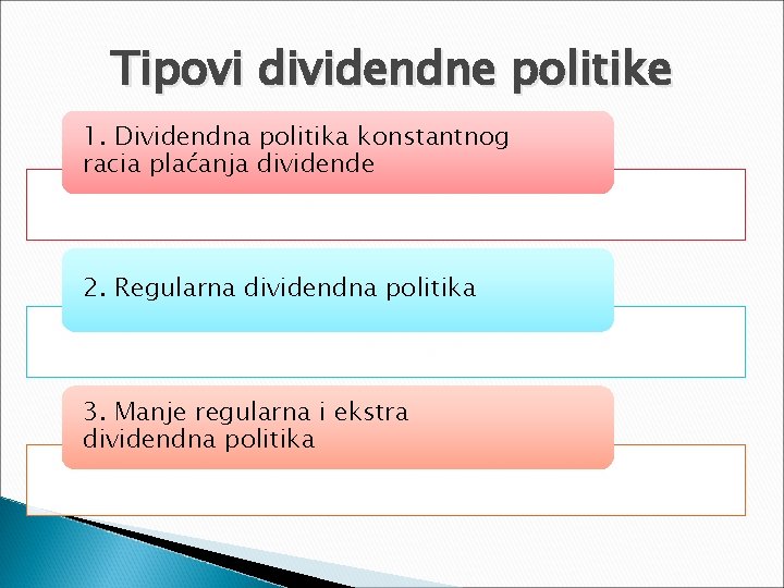 Tipovi dividendne politike 1. Dividendna politika konstantnog racia plaćanja dividende 2. Regularna dividendna politika