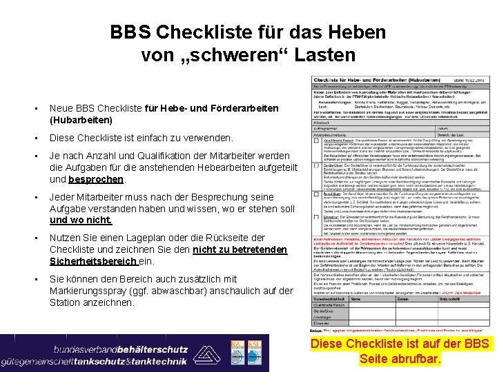 BBS Checkliste für das Heben von „schweren“ Lasten • Neue BBS Checkliste für Hebe-
