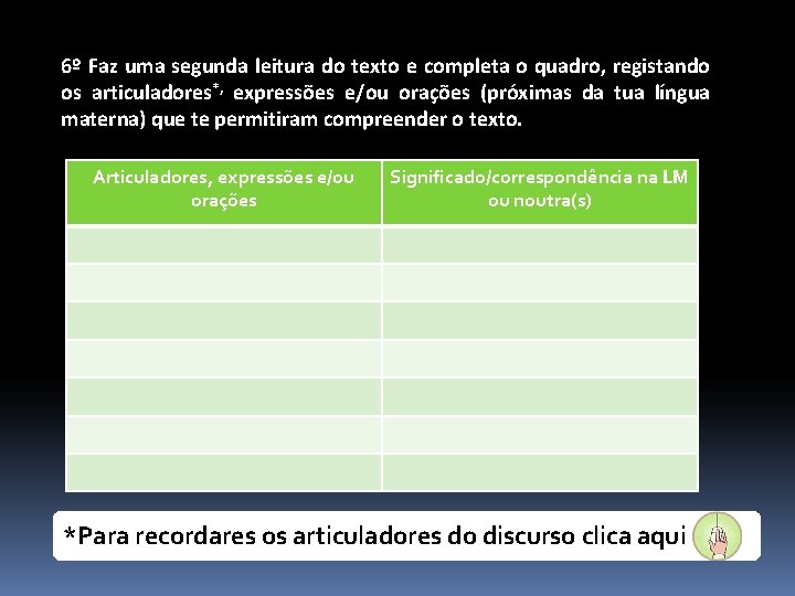 6º Faz uma segunda leitura do texto e completa o quadro, registando os articuladores*,