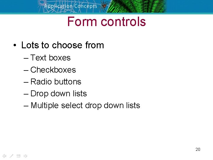 Form controls • Lots to choose from – Text boxes – Checkboxes – Radio