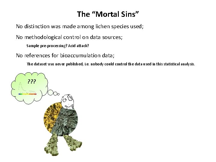 The “Mortal Sins” No distinction was made among lichen species used; No methodological control