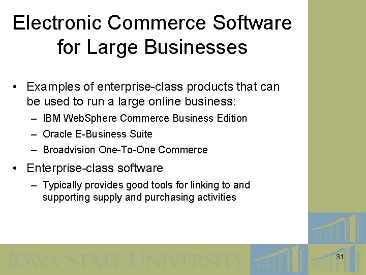 Electronic Commerce Software for Large Businesses • Examples of enterprise-class products that can be
