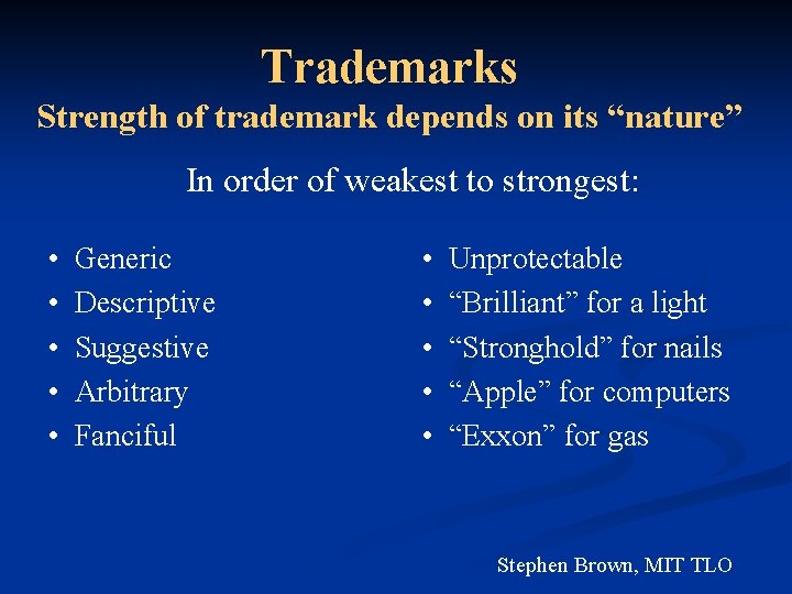 Trademarks Strength of trademark depends on its “nature” In order of weakest to strongest: