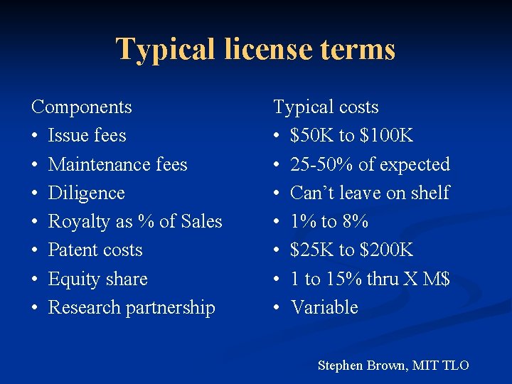 Typical license terms Components • Issue fees • Maintenance fees • Diligence • Royalty