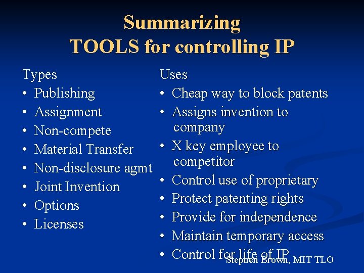 Summarizing TOOLS for controlling IP Types • Publishing • Assignment • Non-compete • Material