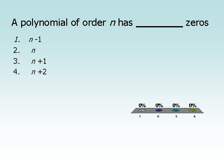 A polynomial of order n has 1. 2. 3. 4. n -1 n n