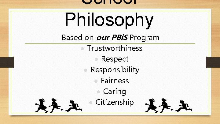 School Philosophy Based on our PBi. S Program ● Trustworthiness ● Respect ● Responsibility