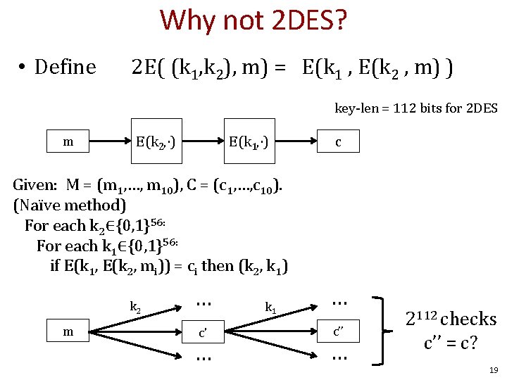 Why not 2 DES? • Define 2 E( (k 1, k 2), m) =